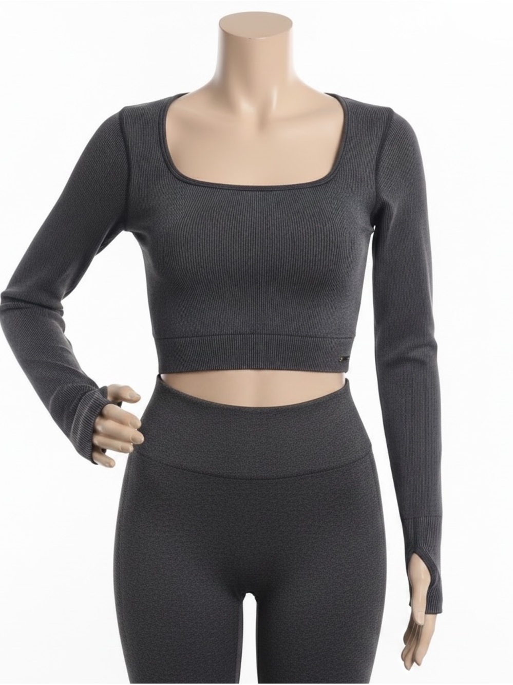 Savage by Fenty Charcoal Ribbed Long Sleeve Crop Top - Thumbhole Detail